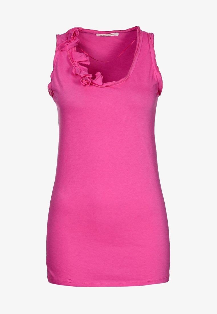 Haut sans manches pour femme de couleur rose vif avec un col rond et un détail de tissu froncé sur l'épaule gauche.