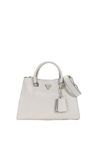 Borsa bianca strutturata realizzata in materiale texturizzato, con doppie maniglie, una tracolla removibile e un piccolo tag attaccato.