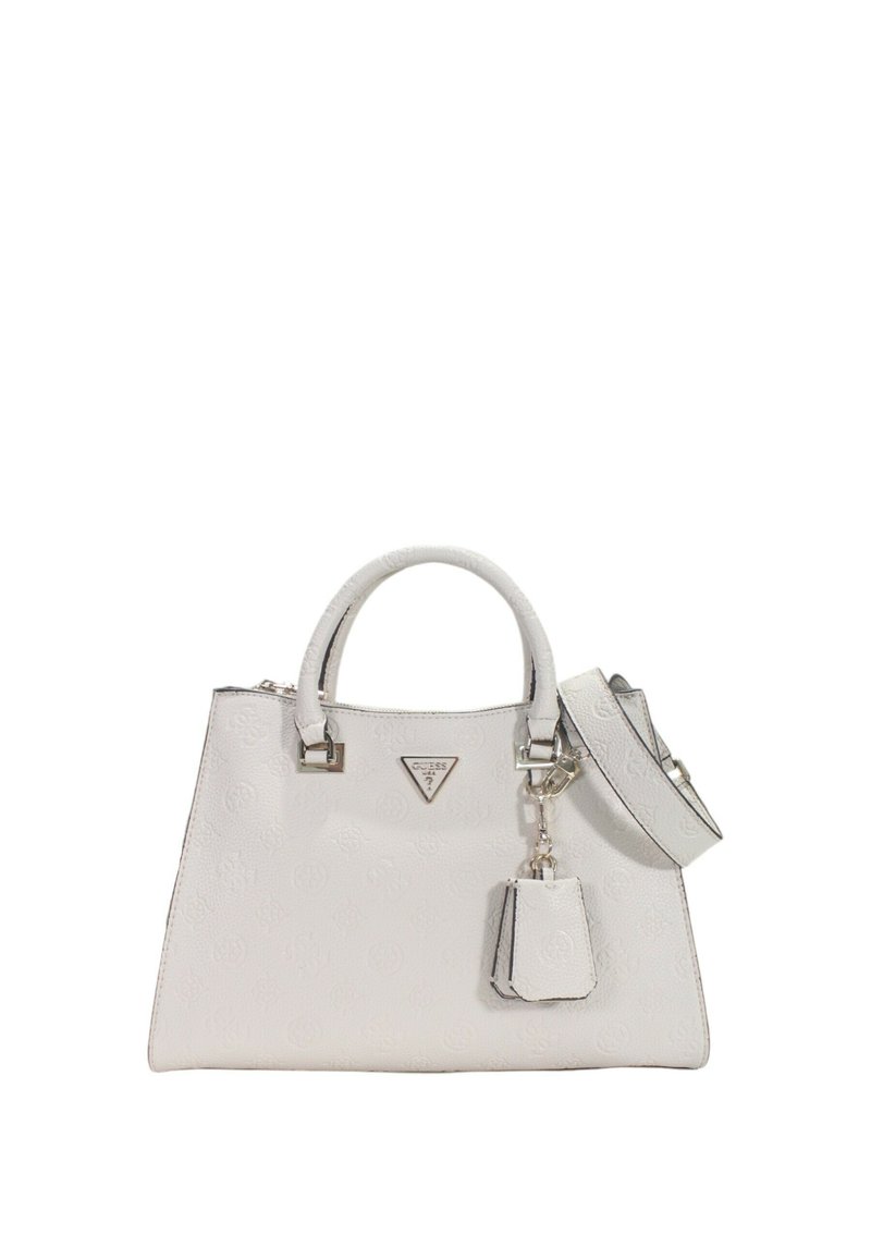 Borsa bianca strutturata realizzata in materiale texturizzato, con doppie maniglie, una tracolla removibile e un piccolo tag attaccato.