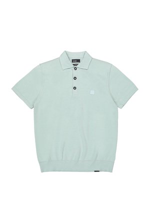 Hellgrünes Polohemd mit kurzen Ärmeln, drei schwarzen Knöpfen, Kragen, geripptem Saum und kleinem quadratischem Logo auf der Brust.