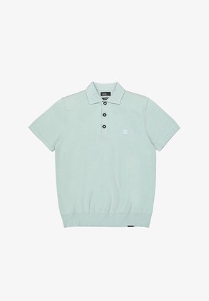 Light green short-sleeve polo shirt with three black buttons, collar, ribbed hem, and small square logo on the chest.
