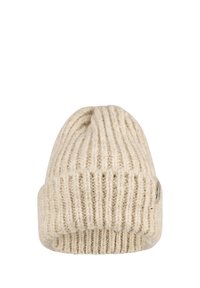 Cream knit beanie hat with vertical ribbed texture and a cuffed brim. Made from soft, warm material. Subtle logo tag on the side.