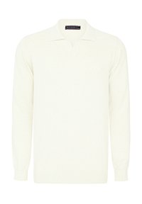 Cremefarvet langærmet polo sweater med v-hals, ribbede manchetter og en glat, blød strikstruktur. Ingen synlige mønstre eller detaljer.