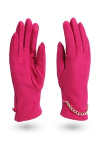 Guanti in suede rosa con una texture liscia, caratterizzati da un accento in catena dorata ai polsi, e sagomati con un taglio elegante e aderente.