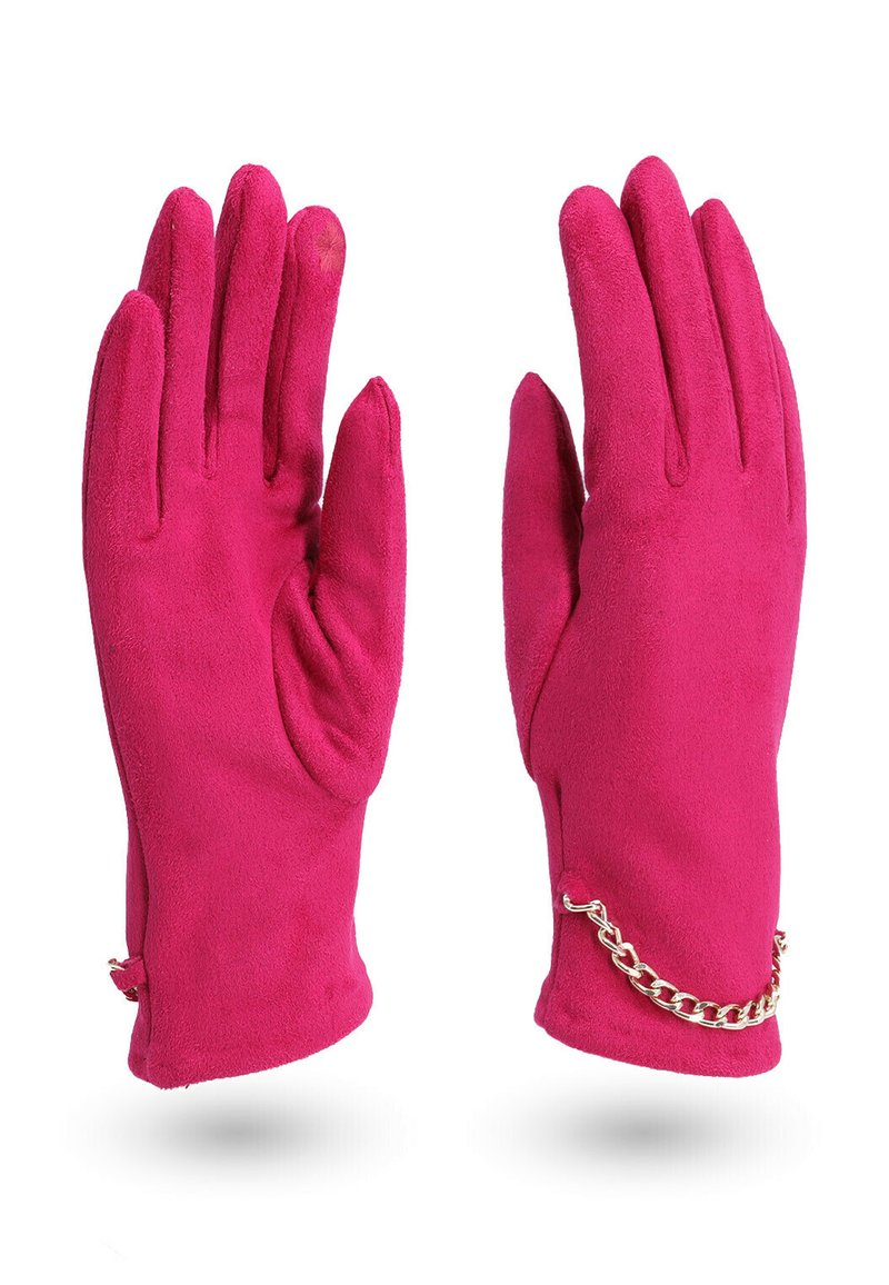Guanti in suede rosa con una texture liscia, caratterizzati da un accento in catena dorata ai polsi, e sagomati con un taglio elegante e aderente.