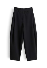 Black high-waist wide-leg trousers with belt loops, side pockets, and a slightly cropped length, displayed on a white background.