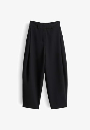Black high-waist wide-leg trousers with belt loops, side pockets, and a slightly cropped length, displayed on a white background.