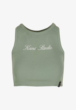 Ribbed crop top in muted green with a round neckline, featuring white embroidered "Kani Studio" text on the front and a discreet logo tag.