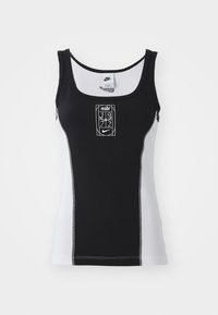 Black and white tank top with a round neck, visible stitching, front logo detailing, and a fitted design. Made from stretchy fabric.
