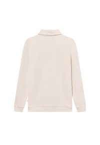 Light beige long-sleeve shirt with a collar, ribbed cuffs, and a smooth texture. Simple design with no patterns or visible hardware.