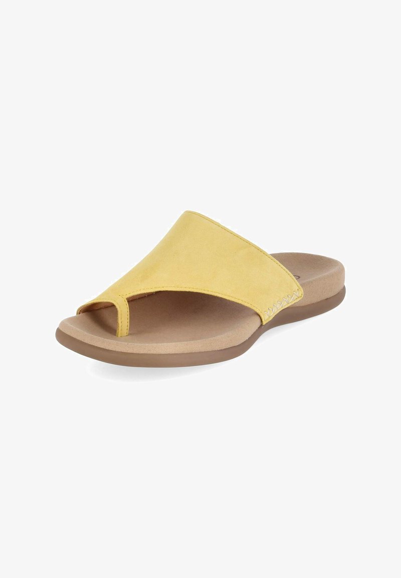 Sandale jaune à enfiler avec boucle pour l'orteil, semelle rembourrée et semelle extérieure marron clair, conçue pour un usage décontracté.