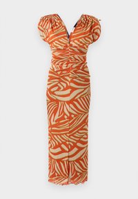 Robe midi cintrée avec manches ballons dans un motif feuille abstrait orange et beige, devant froncé et décolleté en V profond.