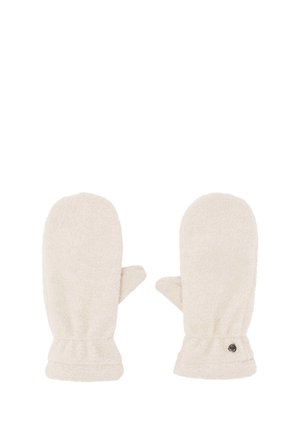 Pair of cream-colored fleece mittens with thumbs and elasticized wrists on a white background.