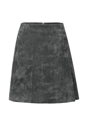 Gray corduroy skirt with a diagonal stripe texture, featuring a side zip closure and three round buttons accenting the front.