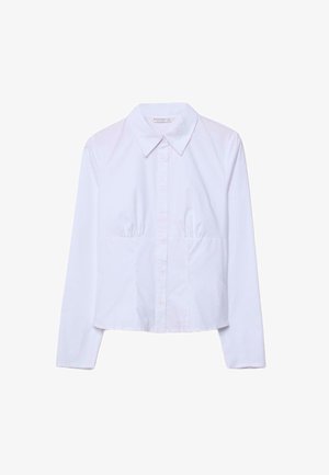 Weiße, langärmelige Bluse mit Knopfleiste, spitzem Kragen und dezenten Raffungen unterhalb der Büste, tailliert und bauchfrei geschnitten.