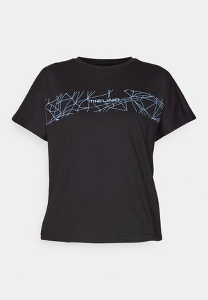 Black short-sleeve t-shirt made of cotton with a blue geometric pattern and "mizuno" logo across the chest. Relaxed fit design.