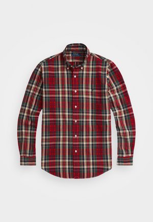 Langärmliges Hemd mit Knopfleiste, kariert in Rot, Marine, Creme und Gelb, mit Button-Down-Kragen.