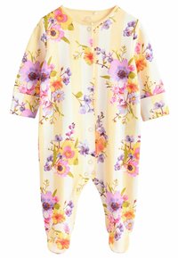 Gėlėtasis kūdikio romperis pastelinių geltonų atspalvių su vertikaliomis juostelėmis. Turintis ilgomis rankovėmis, mygtukus priekyje ir užlenktas rankoves.
