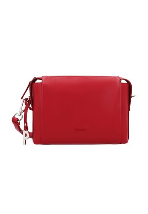 Red rectangular leather crossbody bag with flap closure, detachable strap, and silver letter "P" charm on a white background.