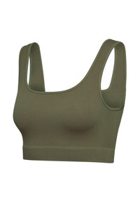 Olivgrön ribbad bralette med breda axelband och sömlös design. Mjukt, texturerat tyg med figurnära passform och elastisk underkant.