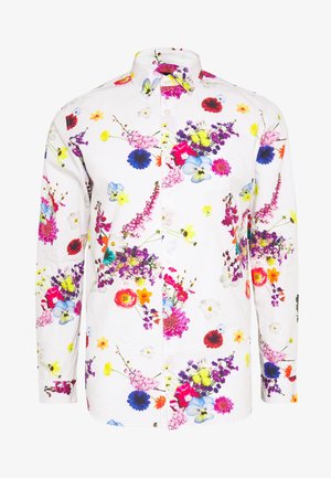 Camisa blanca de botones con un vibrante estampado floral en varios colores, mangas largas y diseño de cuello clásico.