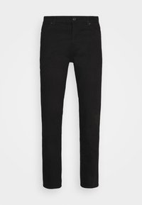 Jeans de mezclilla negra con un ajuste slim, que cuentan con un cierre estándar de botón y cremallera, cinco bolsillos y un diseño minimalista.