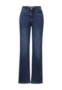Jeans de mezclilla azul oscuro con una cintura alta, diseño de pierna ancha y estilo de cinco bolsillos. Presenta un cierre frontal con botón y cremallera.