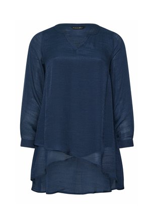 Marineblauwe blouse met lange mouwen, een V-hals en een gelaagde zoom. Gemaakt van lichte, gestructureerde stof, met een losse pasvorm.