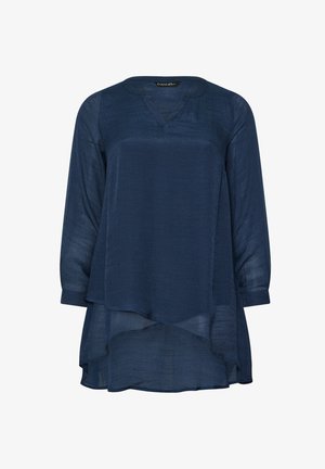 Blusa blu navy a maniche lunghe con scollo a V e orlo stratificato. Realizzata in tessuto leggero e strutturato, offre una vestibilità ampia.