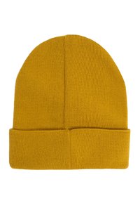 Żółta wełniana czapka z zamkiem z materiału o miękkiej, teksturowanej strukturze. Posiada żeberkowy wzór oraz bezszwowy szczyt.