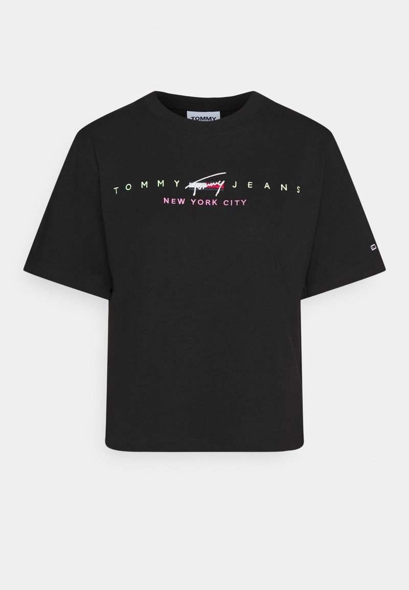 Black cotton T-shirt with a relaxed fit. Features rainbow-colored "TOMMY JEANS NEW YORK CITY" text in a bold font across the chest.
