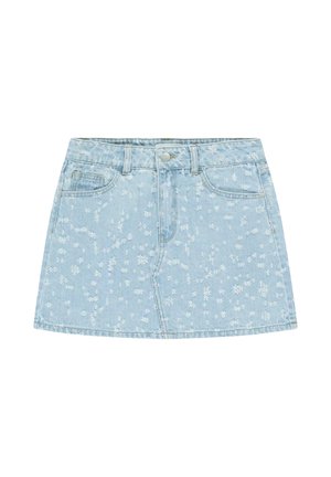 Lichtblauwe denim minirok met witte bloemrijke borduursels, voorzakken, riemlussen en een knoopsluiting.