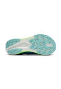 Schoenzoolontwerp met een turquoise textuur van rubber, een witte tussenzool en groene accenten. Heeft een grippatroon voor extra grip.