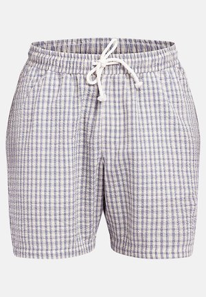Leichte blau-weiß karierte Shorts mit elastischem Bund und weißem Kordelzug vorne.