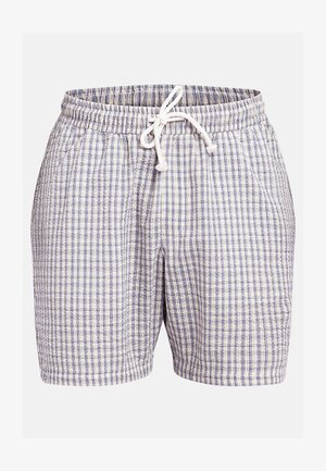 Leichte blau-weiß karierte Shorts mit elastischem Bund und weißem Kordelzug vorne.