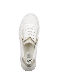 White sneaker with a textured leather upper, laces, and a side zipper. Features a metallic gold accent on the heel and a soft interior lining.