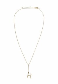 Guldhalskæde med en delikat kæde, der har en hængende, prydet bogstav "H" vedhæng. Glat tekstur og minimalistisk design.