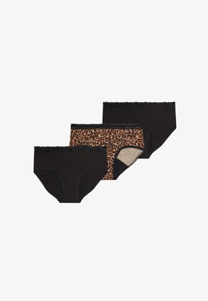 Trzy pary bielizny hipsterskiej: dwie w jednolitym czarnym kolorze z koronkowym wykończeniem, jedna w panterkę na beżowym tle. Materiał z mieszanki bawełny.