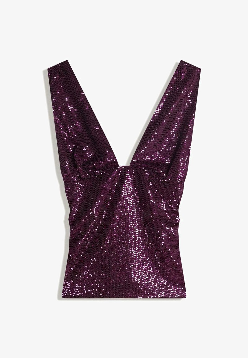 Lila paljettiläpipainettu paita, jossa on syvä V-kaula-aukko, olkaimeton malli ja tiukka muotoilu, jossa on sileä pinta ja kiiltävä rakenne.