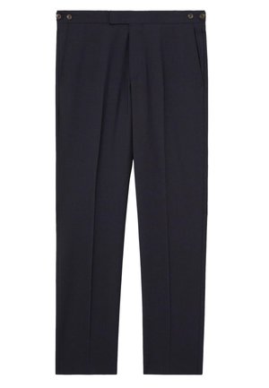 Pantalon bleu marine ajusté avec plis à l'avant, poches latérales, pattes de réglage de taille avec boutons et coupe droite.