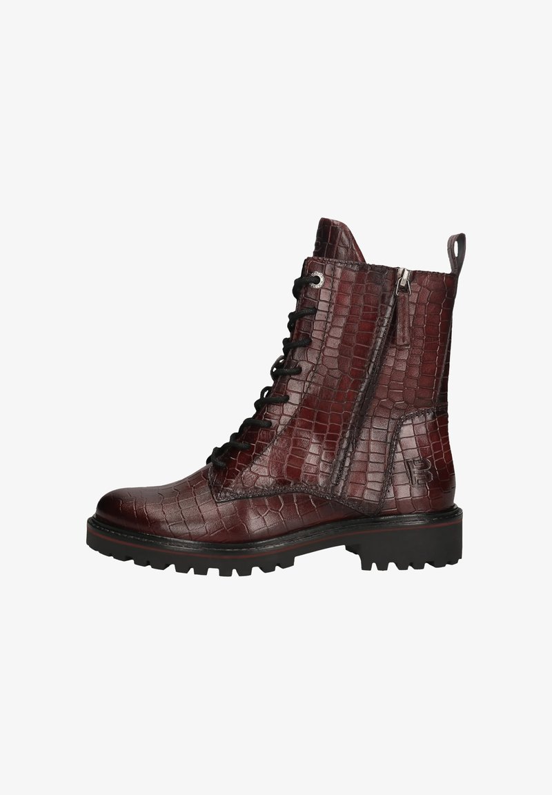 Dunkelbrauner Echtleder-Ankle-Boot mit Krokodilprägung, schwarzen Schnürsenkeln, seitlichem Reißverschluss, Zuglasche und robustem Profilsohle.