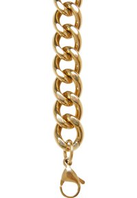 Bracelet en chaîne en or avec des maillons épais et entrelacés. Équipé d'un fermoir à homard. Surface lisse et brillante avec une finition polie.