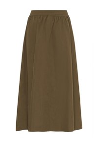 Brun ankel-lang nederdel med elastisk talje og subtile plisseringer, lavet af glat, letvægtigt stof.