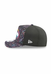 Black cap featuring a colorful splatter pattern and a side logo. The material appears smooth with perforated accents on the side.