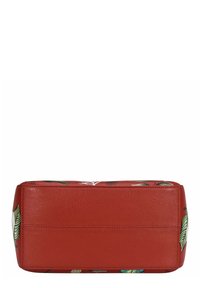 Rote Lederhandtasche mit strukturiertem Finish, mit botanischem Druck an den Seiten. Rechteckige Form mit kontrastierenden Akzenten.