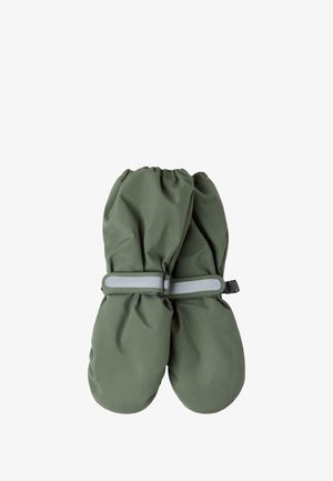 Mittens verdi, imbottiti, con polsini elastici e una cinghia di regolazione grigia. Tessuto liscio con una texture antiscivolo, progettati per il freddo.