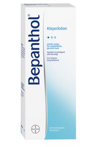 Bepanthol Körperlotion Verpackung, weiße Box mit blauen Akzenten, zeigt den Produktnamen in großer Schrift, 400 ml, mit dermatologischen Angaben und Details.
