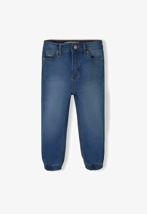 Denim-cropped bukser i mellemblå med en figursyet talje, elastiske manchetter og traditionel fem-lomme design. Glat tekstur og lige snit.
