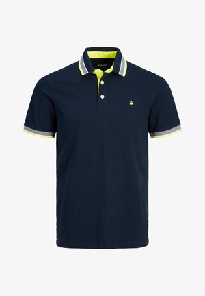 Navy blauw polo shirt met een placket met twee knopen, contrasterende neon gele kraag en manchetten, en een subtiele logoaccent op de borst.