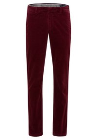 Burgundské manšestrové kalhoty s přiléhavým střihem, klasickým rovnýma nohavicema a texturovanou látkou. Mají boční kapsy a zip na předním dílu.